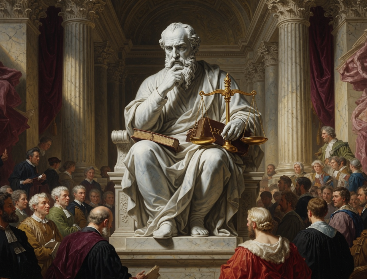 Painted statue of a jurist in thought amid a courthouse crowd
