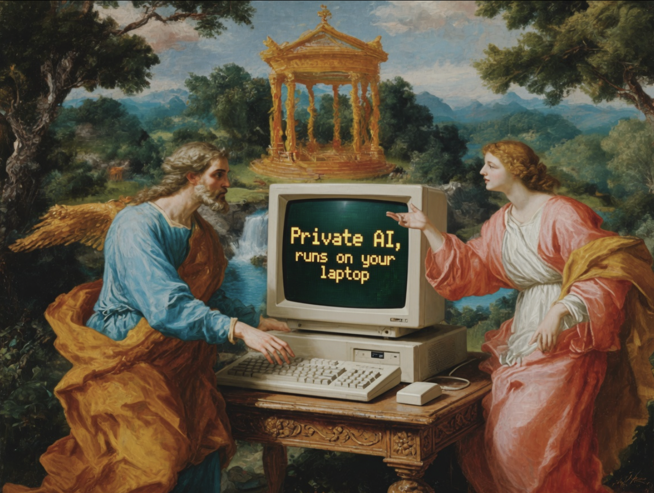 Two classical figures at a computer displaying: Private AI, runs on your laptop